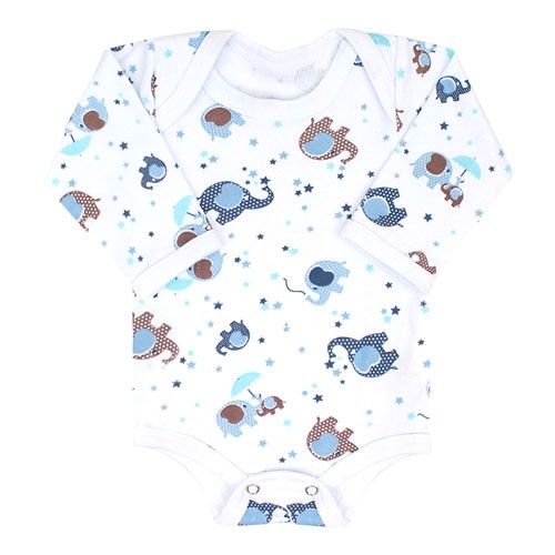 Body Bebê Manga Longa Canelado Branco Elefante Azul (PREMATURO) - Top Chot - Tamanho PREMATURO - Branco,Azul