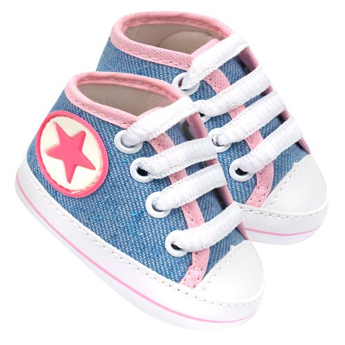 Tênis Bebê Feminino Star Cano Alto Azul Jeans e Rosa (P/M/G/GG) - Baby Soffete - Tamanho M - Azul,Jeans,Rosa