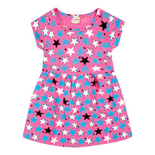 Vestido Infantil Manga Curta Meia Malha Rosa Estrelas (4/6/8) - Brandili - Tamanho 4 - Rosa