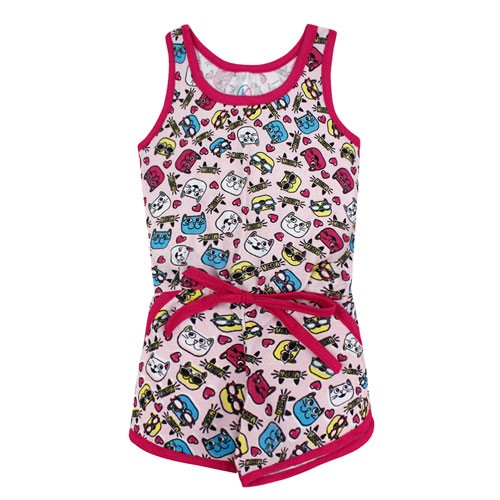 Macaquinho Bebê Feminino Regata Cotton Rosa Gatinhos (1/2/3) - Kappes - Tamanho 1 - Rosa