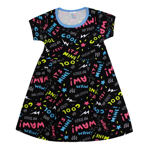 Vestido Infantil Manga Curta Cotton Preto Palavras (4/6/8) - Kappes - Tamanho 6 - Preto