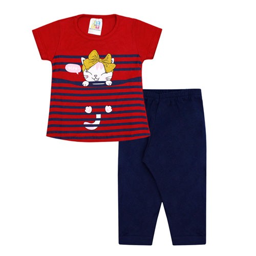 Conjunto Bebê Feminino Camiseta Manga Curta Vermelha Gatinha e Legging Cotton (P/M/G) - Jidi Kids - Tamanho M - Azul Marinho,Vermelho