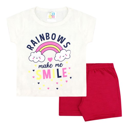 Conjunto Bebê Feminino Camiseta Manga Curta Off White Arco-íris e Shorts (P/M/G) - Jidi Kids - Tamanho P - Off White,Pink