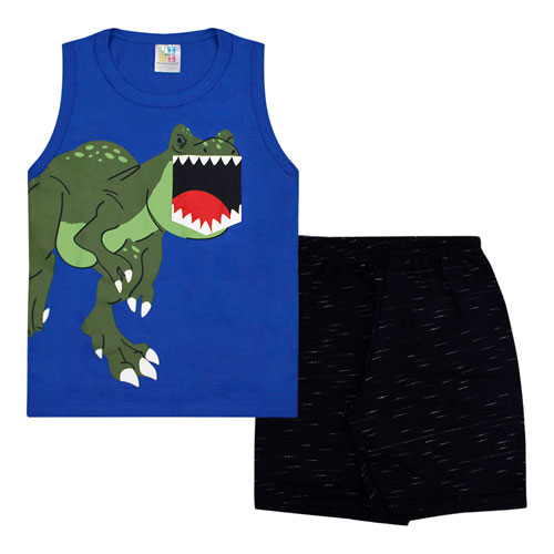 Conjunto Infantil Masculino Camiseta Regata Azul Royal T-Rex e Bermuda (4/6/8) - Jidi Kids - Tamanho 4 - Azul Royal,Preto