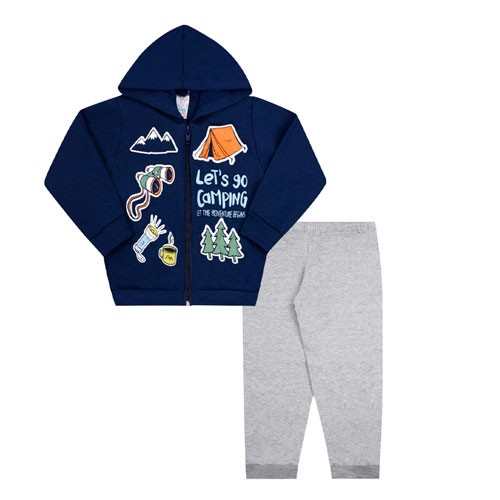 Conjunto Bebê Masculino Jaqueta Azul Marinho Acampamento com Capuz e Calça Mescla (P/M/G) - Kappes - Tamanho M - Azul Marinho,Mescla