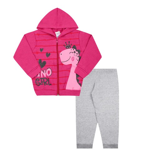 Conjunto Bebê Feminino Jaqueta Pink Dinossauro com Capuz e Calça Mescla (P/M/G) - Kappes - Tamanho G - Mescla,Pink