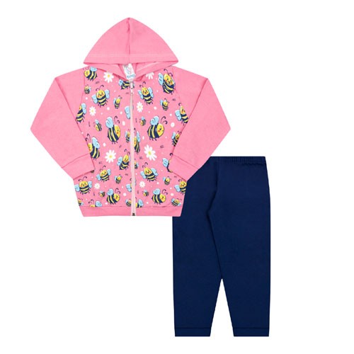 Conjunto Bebê Feminino Jaqueta Rosa Abelhas com Capuz e Calça Marinho (P/M/G) - Kappes - Tamanho P - Azul Marinho,Rosa