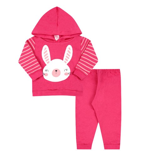 Conjunto Bebê Feminino Pink Blusa com Capuz Coelha e Calça (P/M/G/GG) - Orango Kids - Tamanho M - Pink