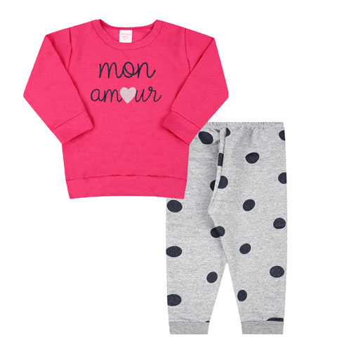 Conjunto Bebê Feminino Blusa Pink Mon Amour e Calça Mescla de Bolinhas (P/M/G/GG) - Orango Kids - Tamanho P - Mescla,Pink