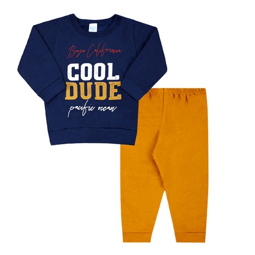 Conjunto Bebê Masculino Blusa Azul Marinho Cool Dude e Calça Mostarda (P/M/G/GG) - Orango Kids - Tamanho P - Azul Marinho,Mostarda