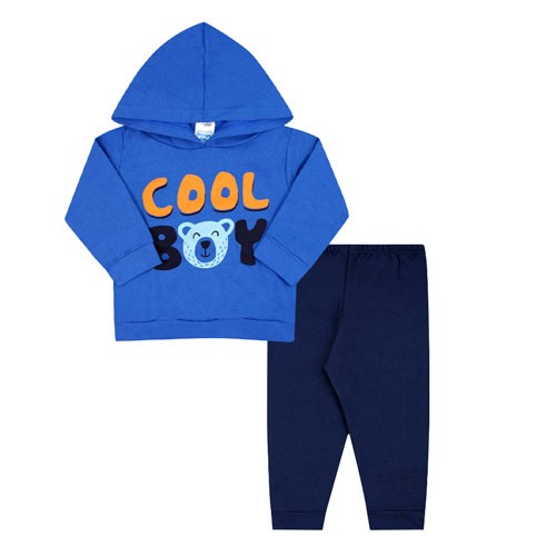 Conjunto Bebê Masculino Blusa Azul Royal com Capuz Ursinho e Calça (P/M/G/GG) - Orango Kids - Tamanho G - Azul Royal,Azul Marinho