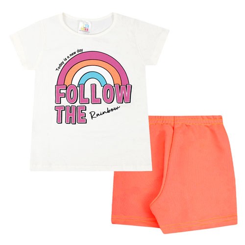 Conjunto Infantil Feminino Camiseta Off White Arco-Íris Short Laranja Neon (4/6/8) - Jidi Kids - Tamanho 8 - Off White,Laranja