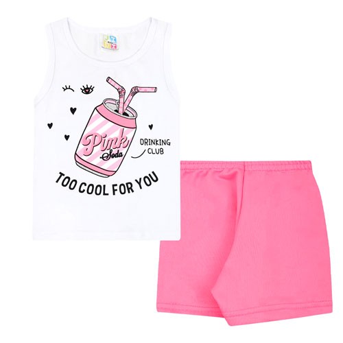 Conjunto Infantil Feminino Camiseta Regata Cotton Branco Short Rosa Neon (4/6/8) - Jidi Kids - Tamanho 6 - Branco,Rosa