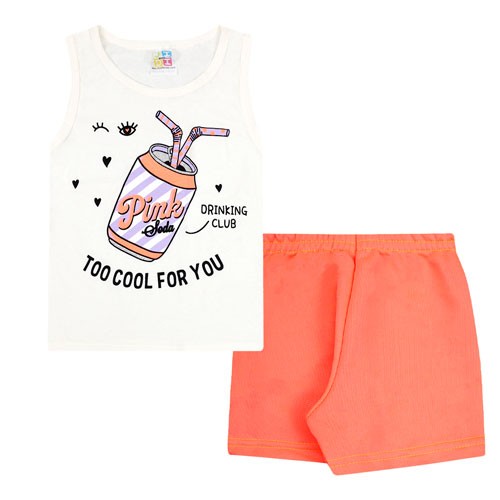 Conjunto Infantil Feminino Camiseta Regata Cotton Off White Short Laranja Neon (4/6/8) - Jidi Kids - Tamanho 6 - Off White,Laranja