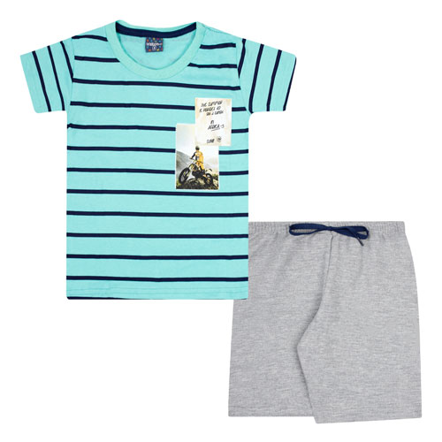 Conjunto Infantil Masculino Camiseta Verde Água Listrada Bermuda Mescla (4/6/8) - Viston - Tamanho 4 - Mescla,Verde Água