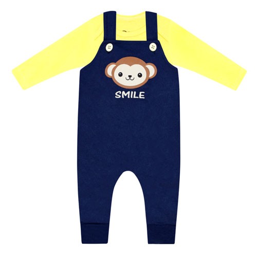 Conjunto Jardineira Longa Bebê Azul Marinho Macaco e Body Amarelo (P/M/G/GG) - Orango Kids - Tamanho M - Azul Marinho,Amarelo