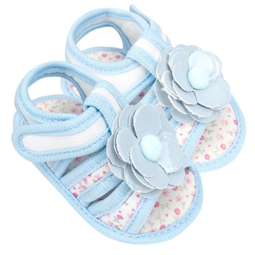 Sandália Bebê Feminina Azul e Branco Floral Pompom (P/M/G) - Bebê Fofuxo - Tamanho M - Azul,Branco