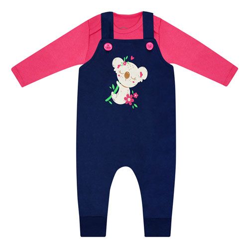 Conjunto Jardineira Longa Bebê Feminina Azul Marinho Coala Body Pink (P/M/G/GG) - Orango Kids - Tamanho G - Azul Marinho,Pink