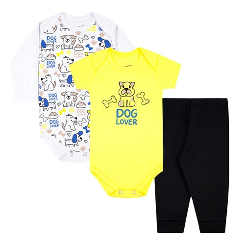 Kit Bebê Masculino 3 Peças Bodies e Mijão Preto e Amarelo Cachorrinho (P/M/G/GG) - Orango Kids - Tamanho G - Amarelo,Branco,Preto