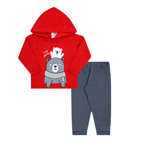 Conjunto Bebê Masculino Blusa com Capuz Vermelha Urso Abraço Calça Chumbo (P/M/G) - Jidi Kids - Tamanho G - Vermelho,Cinza