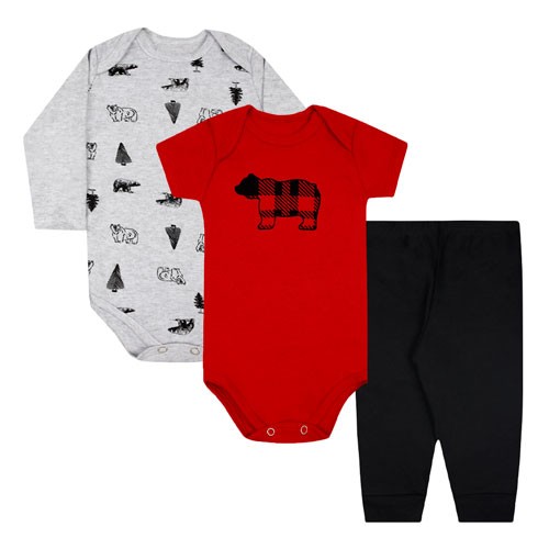 Kit Bebê Masculino 3 Peças Bodies com Mijão Preto e Vermelho Urso Pardo (P/M/G/GG) - Orango Kids - Tamanho G - Preto,Vermelho,Mescla