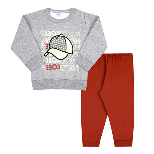 Conjunto Bebê Masculino Moletom Blusa Mescla Boné e Calça Terracota (P/M/G) - Orango Kids - Tamanho M - Mescla,Terracota