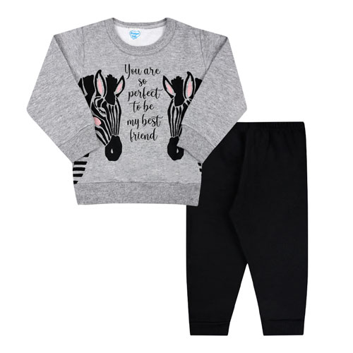 Conjunto Bebê Feminino Moletom Blusa Mescla Zebra e Calça Preta (P/M/G) - Orango Kids - Tamanho P - Mescla,Preto