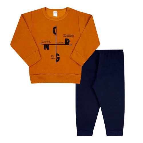 Conjunto Infantil Masculino Moletom Blusa Caramelo Adventure Calça Marinho (4/6/8/10) - Orango Kids - Tamanho 4 - Caramelo,Azul Marinho