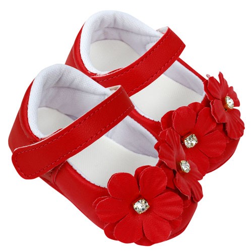 Sapatilha Bebê Feminino com Velcro Vermelho Florzinhas (P/M/G) - Bebê Fofuxo - Tamanho G - Vermelho