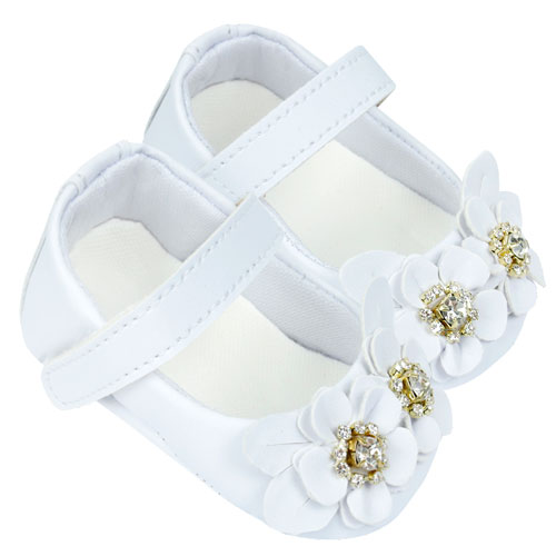 Sapatilha Bebê Feminino com Velcro Branco Florzinhas (P/M/G) - Bebê Fofuxo - Tamanho G - Branco