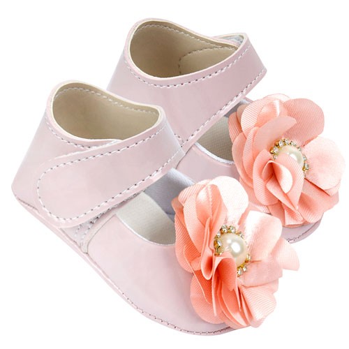 Sapatilha Bebê Feminino Verniz com Velcro Nude Flor de Cetim (P/M/G) - Bebê Fofuxo - Tamanho P - Nude