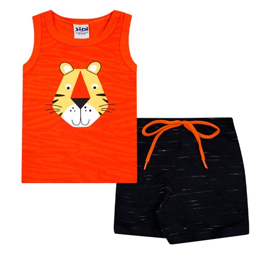 Conjunto Bebê Masculino Camiseta Regata Laranja Shorts Preto Tigrinho (P/M/G) - Jidi Kids - Tamanho G - Laranja,Preto