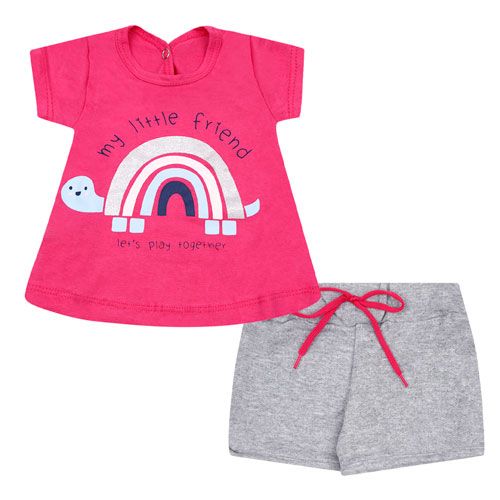 Conjunto Bebê Feminino Camiseta Pink Shorts Moletinho Mescla Arco Íris (P/M/G) - Jidi Kids - Tamanho M - Pink,Mescla