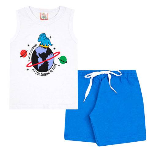 Conjunto Bebê Masculino Camiseta Regata Branca Bermuda Azul Royal Dino Skate (1/2/3) - Cleomara - Tamanho 2 - Branco,Azul Royal