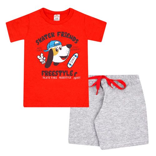 Conjunto Infantil Masculino Camiseta Vermelha Bermuda Mescla Cachorrinho (4/6/8) - Cleomara - Tamanho 6 - Vermelho,Mescla