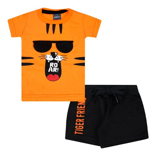 Conjunto Bebê Masculino Camiseta Laranja e Bermuda Moletinho Cadarço Preto Tigrinho (P/M/G) - Viston - Tamanho G - Laranja,Preto