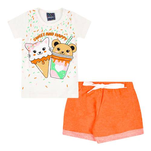 Conjunto Bebê Feminino Camiseta Off White e Shorts Moletinho Laranja Neon Gatinha (P/M/G) - Viston - Tamanho G - Off White,Laranja