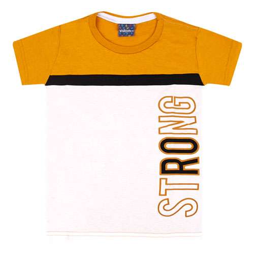 Camiseta Infantil Masculino Manga Curta com Recorte Mostarda e Off White Strong (4/6/8) - Viston - Tamanho 6 - Off White,Mostarda