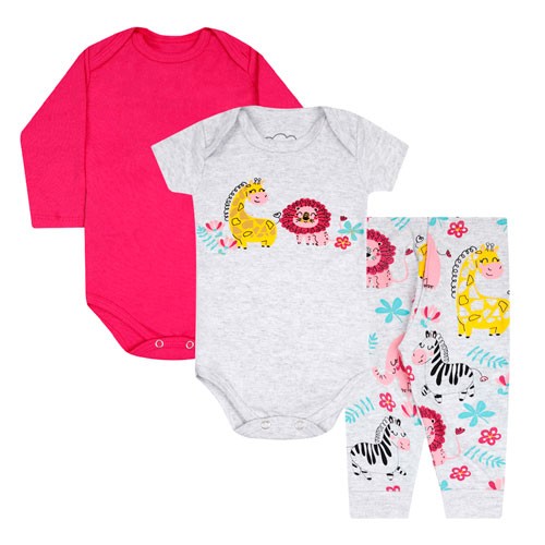 Kit Bebê 3 Peças Feminino Bodies Pink e Mijão Mescla Safari (P/M/G/GG) - Orango Kids - Tamanho M - Mescla,Pink