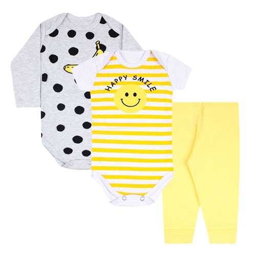 Kit Bebê 3 Peças Suedine Bodies Mescla e Mijão Amarelo Banana (P/M/G/GG) - Orango Kids - Tamanho M - Amarelo,Mescla,Branco