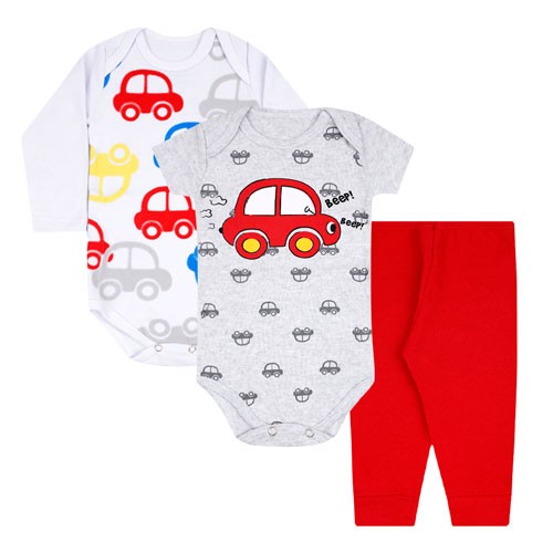 Kit Bebê 3 Peças Masculino Bodies Mescla e Mijão Vermelho Carrinhos (P/M/G/GG) - Orango Kids - Tamanho M - Mescla,Branco,Vermelho