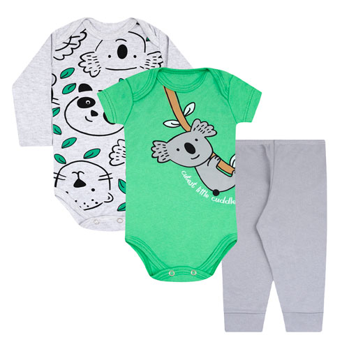 Kit Bebê 3 Peças Masculino Bodies Verde e Mijão Cinza Coala (P/M/G/GG) - Orango Kids - Tamanho M - Mescla,Verde,Cinza