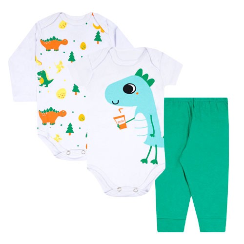 Kit Bebê 3 Peças Masculino Suedine Bodies Branco e Mijão Verde Dino (P/M/G/GG) - Orango Kids - Tamanho P - Branco,Verde