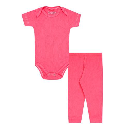 Conjunto Bebê Feminino Canelado Body Manga Curta e Mijão Rosa Chiclete (RN/P/M/G/GG) - Dapeen - Tamanho RN - Rosa