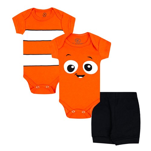 Kit Bebê 3 Peças Suedine Bodies Laranja e Tapa Fralda Preto Peixe (RN/P/M/G/GG) - Kappes - Tamanho M - Laranja,Preto