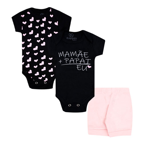 Kit Bebê 3 Peças Feminino Suedine Bodies Preto e Tapa Fralda Rosa Mamãe (RN/P/M/G/GG) - Kappes - Tamanho M - Preto,Rosa