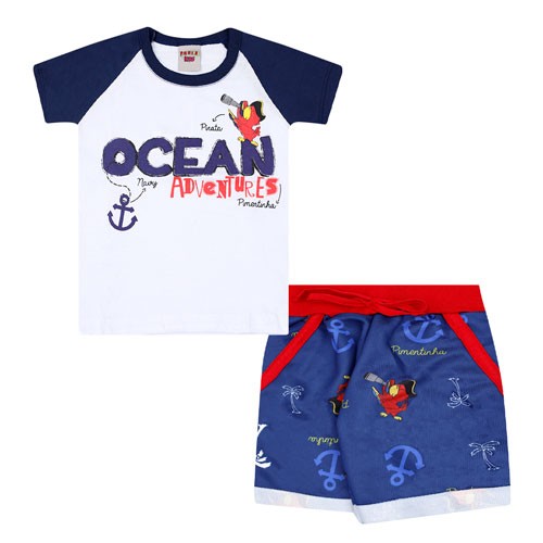 Conjunto Bebê Masculino Meia Malha Camiseta Branca Bermuda Marinho Pirata (1/2/3) - Pimentinha Kids - Tamanho 1 - Azul Marinho,Branco