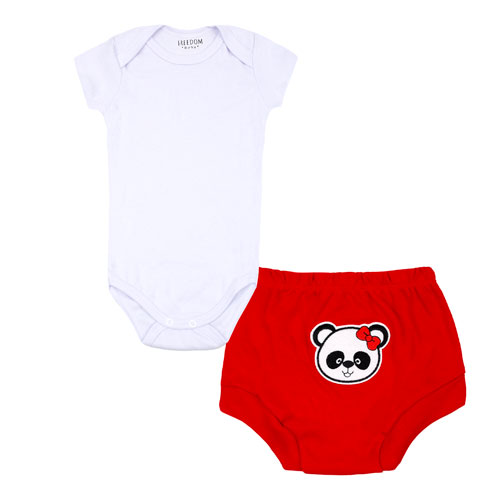 Conjunto Bebê Feminino Body Curto Branco e Tapa Fralda Vermelho Pandinha (P/M/G/GG) - Freedom Baby - Tamanho M - Vermelho,Branco