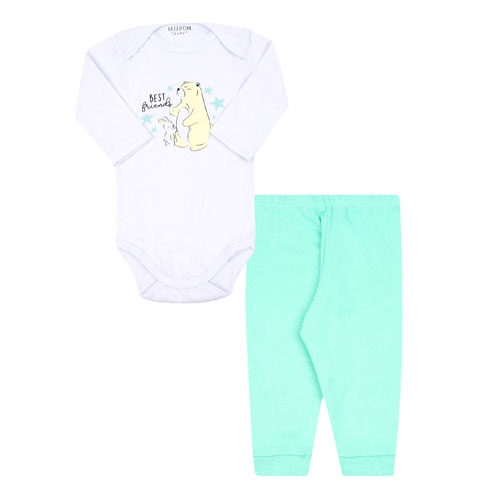 Conjunto Bebê Body Manga Longa Branco e Mijão Verde Ursinho (RN/P/M/G/GG) - Freedom Baby - Tamanho P - Branco,Verde