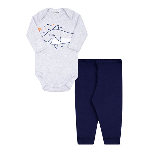 Conjunto Bebê Masculino Body Manga Longa Mescla e Mijão Marinho Tubarão (RN/P/M/G/GG) - Freedom Baby - Tamanho GG - Mescla,Azul Marinho